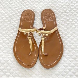 Tory Burch Gold T Strap Sandals, Size 5.5